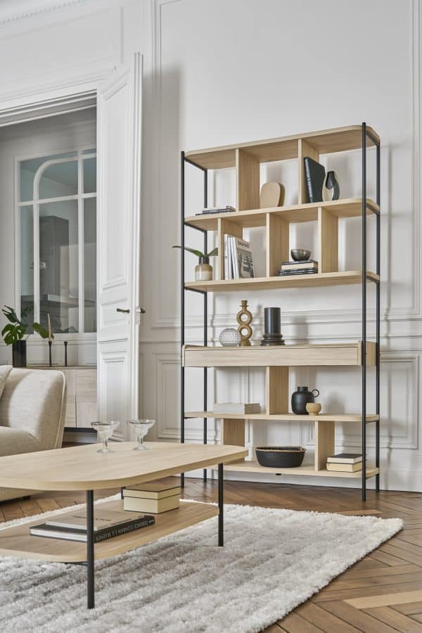 Bibliothèque décor bois pieds métal avec tiroir Mila – Image 2
